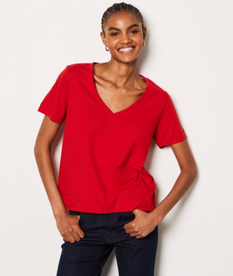 COLOR CAPITAL Solid Women V Neck Red T-Shirt