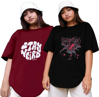 RS FASHION Printed Women Round Neck Maroon, Black T-Shirt