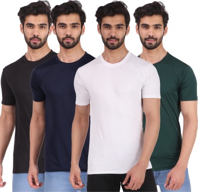 London Hills Solid Men Round Neck Black, Dark Blue, White, Green T-Shirt
