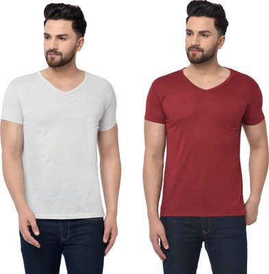 Adorbs Trend Solid Men V Neck Maroon, Grey T-Shirt