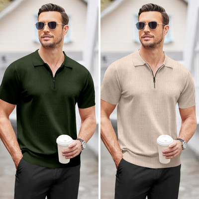 NTIFIC Solid Men Polo Neck Dark Green, Beige T-Shirt