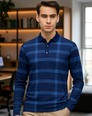 TrendShaper Printed Men Polo Neck Navy Blue T-Shirt
