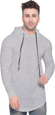 Money Leaf Solid Men Hooded Neck Silver T-Shirt