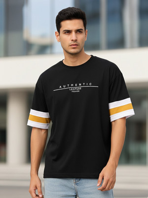 JUST ROAR Printed Men Round Neck Black T-Shirt