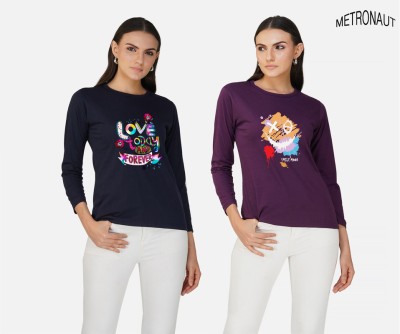 METRONAUT Printed Women Round Neck Navy Blue, Purple T-Shirt