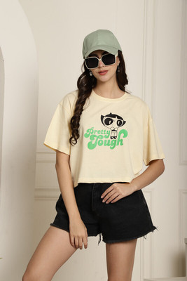 THE POWER PUFF GIRLS by DreamBe Printed Women Round Neck Beige T-Shirt