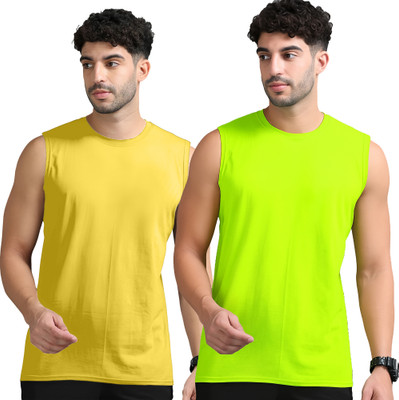 Adorbs Solid Men Round Neck Yellow, Green T-Shirt