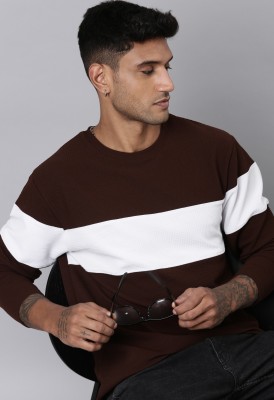 LEWEL Colorblock Men Round Neck Brown, White T-Shirt