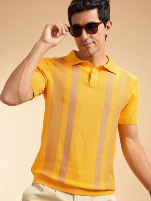 French Connection Striped Men Polo Neck Yellow T-Shirt