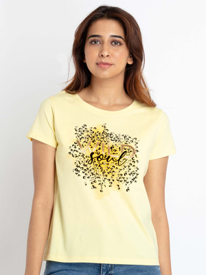 Status Quo Printed, Typography Women Round Neck Yellow T-Shirt