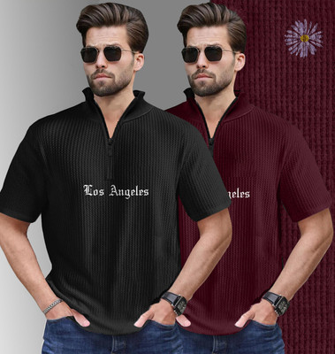 FastColors Self Design, Typography Men Henley Neck Green, Maroon T-Shirt