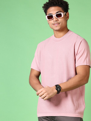 V-MART Self Design Men Round Neck Pink T-Shirt