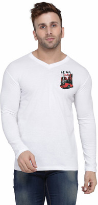GEUM Printed Men V Neck White T-Shirt