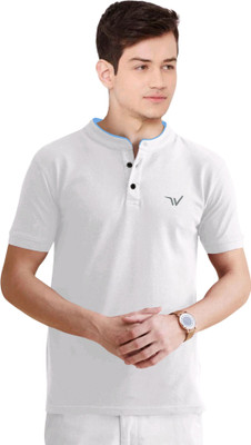 click n buy Solid, Printed Men Mandarin Collar White T-Shirt