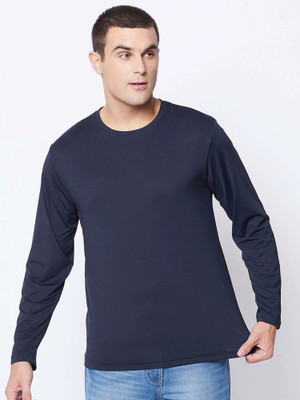 Organic Chics Solid Men Round Neck Navy Blue T-Shirt