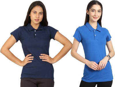 Besimple Solid Women Polo Neck Dark Blue, Blue T-Shirt