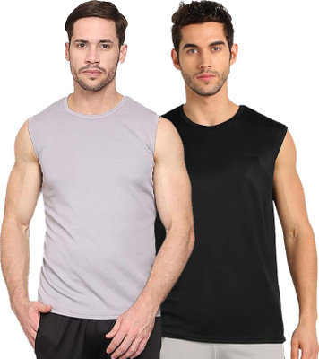 Renowned Solid Men Round Neck Grey, Black T-Shirt