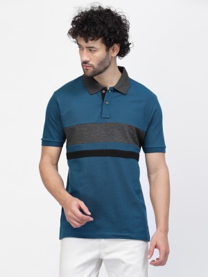 KALT Striped Men Polo Neck Blue T-Shirt