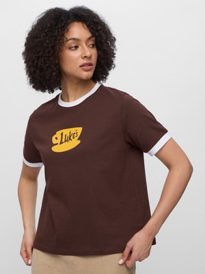 The Souled Store Printed Women Round Neck Brown T-Shirt