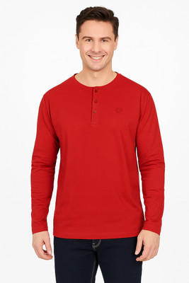 CELSIUS Solid Men Mandarin Collar Red T-Shirt