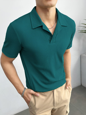 KEX Self Design Men Polo Neck Green T-Shirt