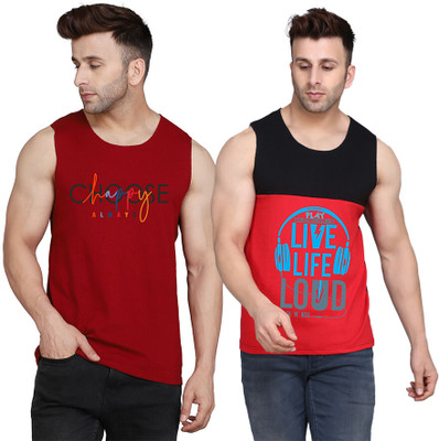 SLOWLORIS Printed, Colorblock Men Round Neck Black, Red, Maroon T-Shirt