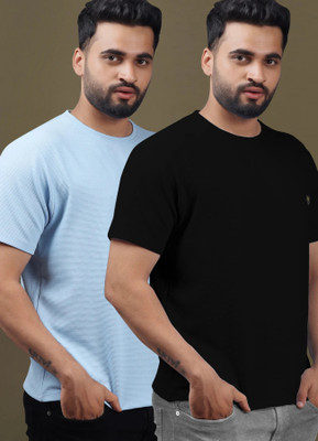 Yazole Solid Men Round Neck Black, Light Blue T-Shirt
