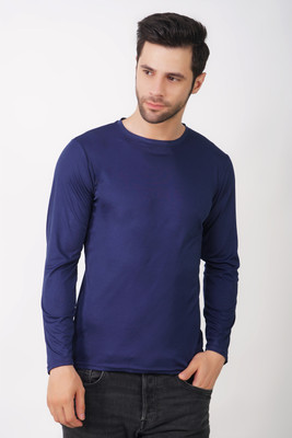 KASPY Solid Men Round Neck Navy Blue T-Shirt