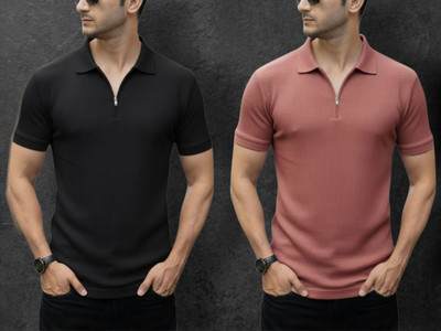 The Stanch Self Design Men Zip Neck Black, Pink T-Shirt