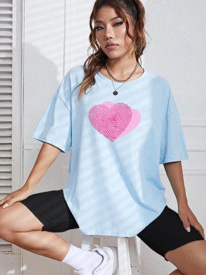 HOC Graphic Print Women Round Neck Light Blue T-Shirt