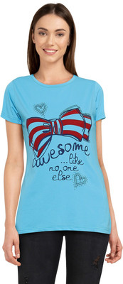Moda Rapido Printed Women Round Neck Light Blue T-Shirt