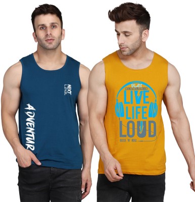 SLOWLORIS Printed Men Scoop Neck Yellow, White, Dark Blue T-Shirt