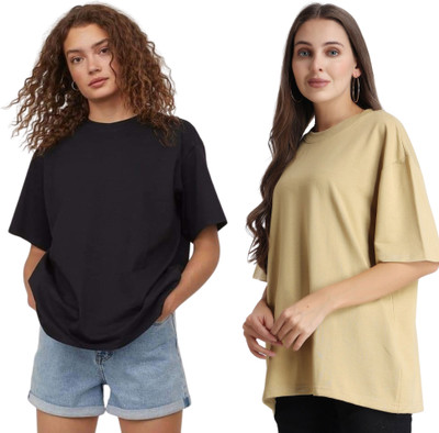 prageet Solid Women Round Neck Black, Beige T-Shirt