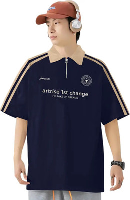 Jump Cuts Printed Men Polo Neck Dark Blue, Beige T-Shirt