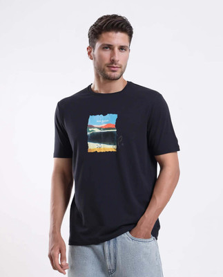 RARE RABBIT Printed Men Round Neck Dark Blue T-Shirt