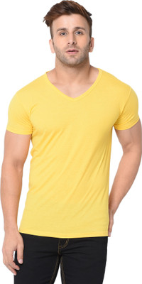 Moordale Fab Solid Men V Neck Yellow T-Shirt