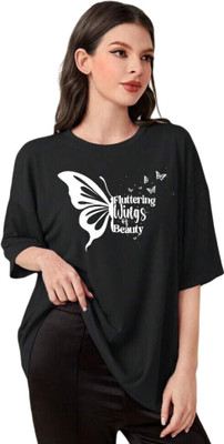 FLUFFYY ENTERPRISE Printed Women Round Neck Black T-Shirt