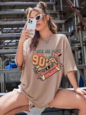 DreamBe Printed, Typography Women Round Neck Beige T-Shirt