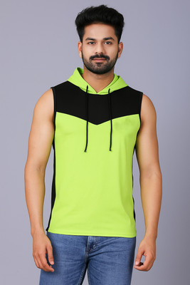 VASTRAART Colorblock Men Hooded Neck Black, Light Green T-Shirt
