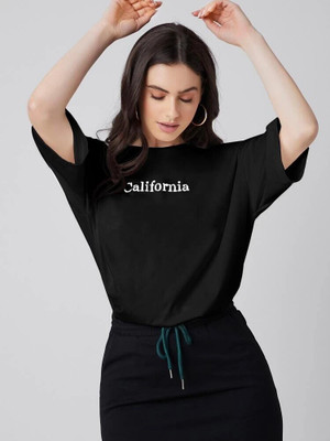 SPOWEARY Printed Women Round Neck Black T-Shirt