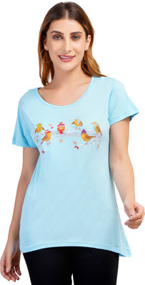 Romaisa Printed Women Scoop Neck Reversible Blue T-Shirt