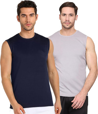 Renowned Solid Men Round Neck Navy Blue, Grey T-Shirt
