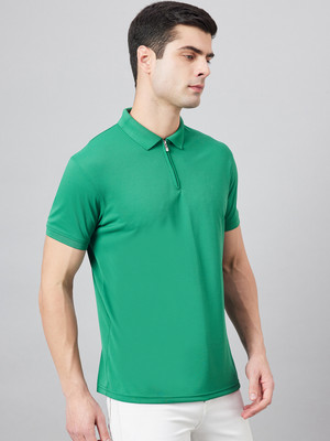 98 Degree North Solid Men Polo Neck Dark Green T-Shirt