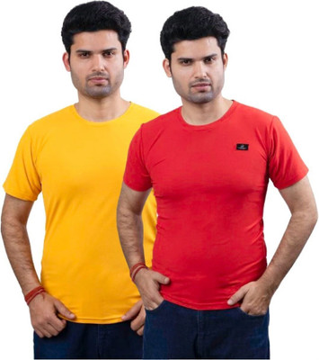 swastika vastram Solid Men Round Neck Yellow, Red T-Shirt
