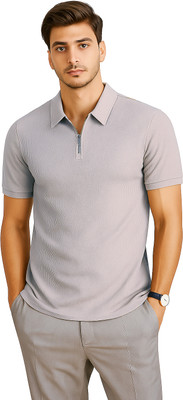 RMLKN Self Design, Solid Men Zip Neck Grey T-Shirt