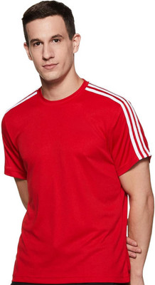 OctaBox Solid, Striped Men Round Neck Red T-Shirt