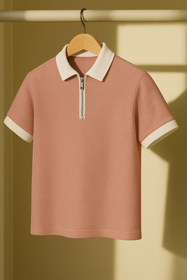 Try This Checkered Men Zip Neck Pink T-Shirt