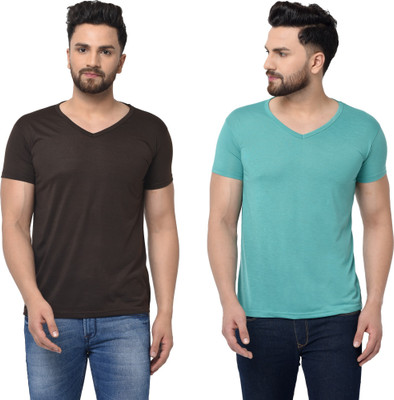 Tresna Trendy Solid Men V Neck Brown, Light Green T-Shirt