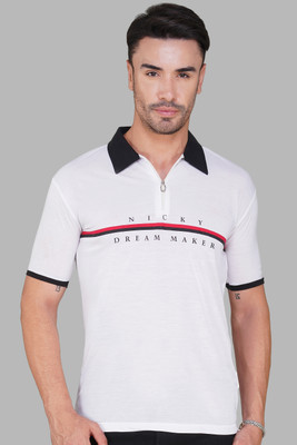 NB NICKY BOY Printed Men Zip Neck White T-Shirt