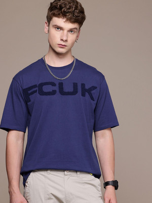 FCUK Self Design Men Round Neck Blue T-Shirt